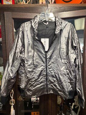 ZYIA Active Silver Galaxy Jacket L Metallic Hooded Full Zip Windbreaker